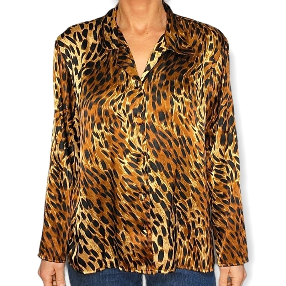 Frederick's of Hollywood Satin Button Up Top Medium Cheetah Print